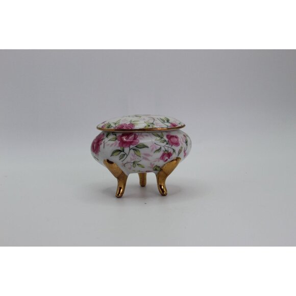 Vintage Floral Porcelain Footed Trinket Box With Lid & Gold Accents - Picture 2 of 9